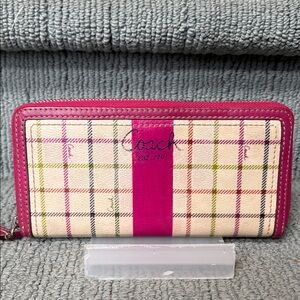 Coach  long wallet  zippy wallet tattersall print coated canvas pink stripe EUC